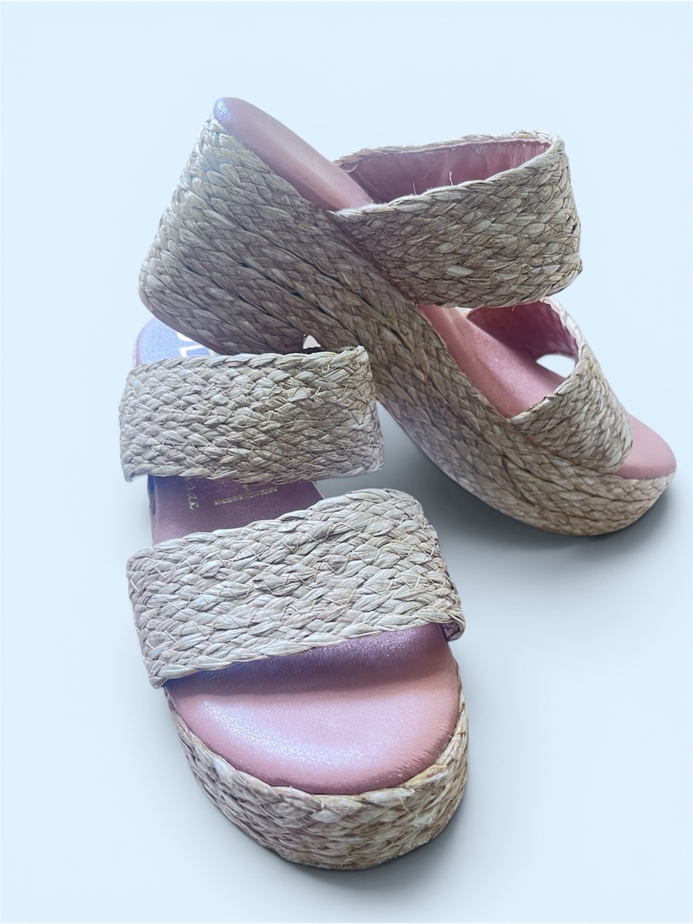 BEACH Woven Espadrille Platform Sandals in Natural with Pink Footbed